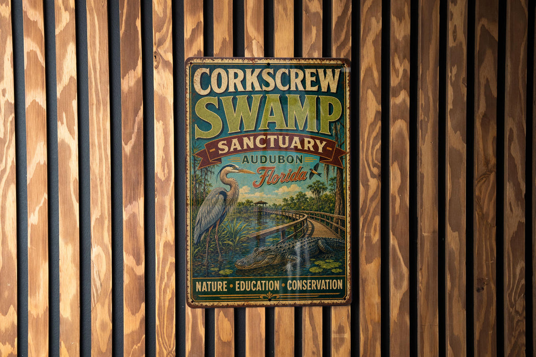 A vintage-style metal sign for Corkcrew Swamp Sanctuary in Audubon, Florida, featuring an illustration of a bird and a swamp landscape.