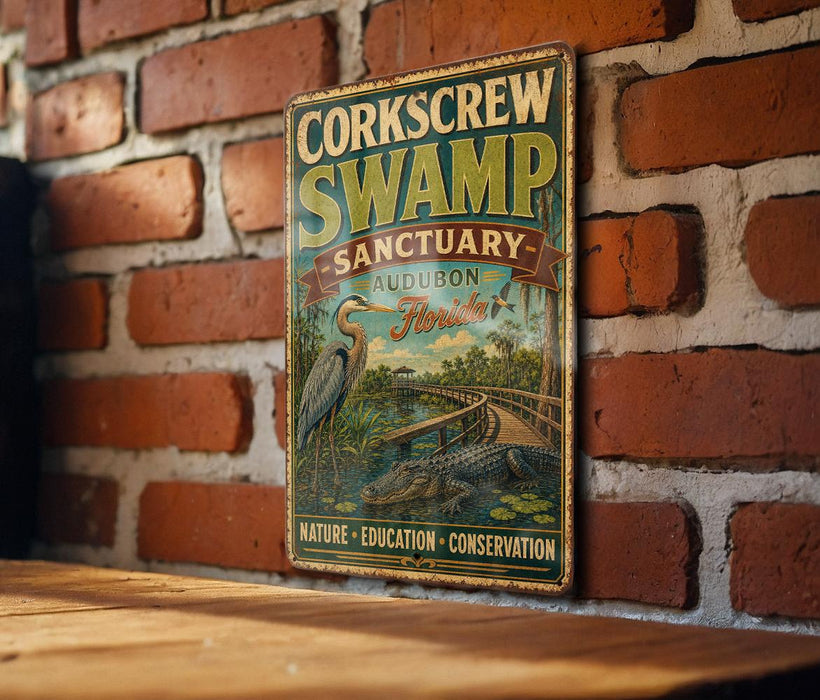 A vintage-style metal sign for the Corkcrew Swamp Sanctuary in Florida, featuring an illustration of a bird and a swamp environment.