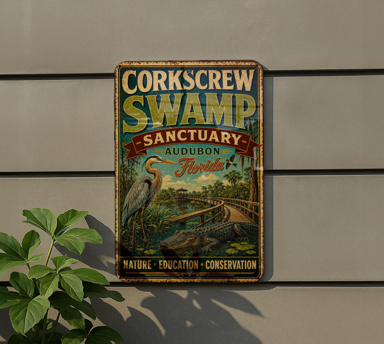 A vintage-style sign for the Cork Screw Swamp Sanctuary in Audubon, Florida, featuring an illustration of a bird, a swamp, and a bridge.