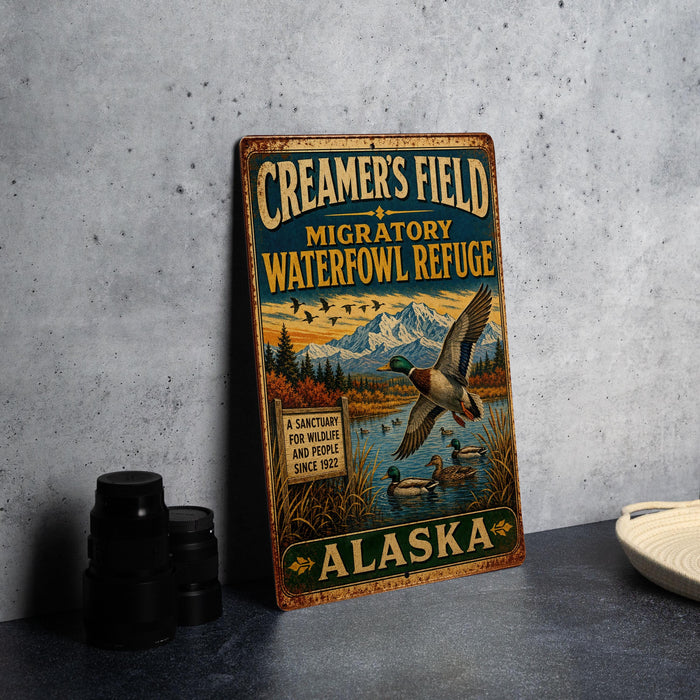 A vintage metal sign advertising Creamer's Field, a migratory waterfowl refuge in Alaska, featuring a scenic illustration of ducks flying over a lake surrounded by mountains.
