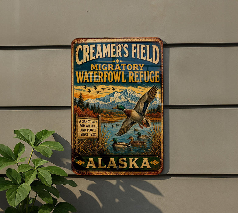 A vintage metal sign for Creamer's Field Migratory Waterfowl Refuge in Alaska, featuring a scenic illustration of ducks flying over a lake surrounded by mountains.