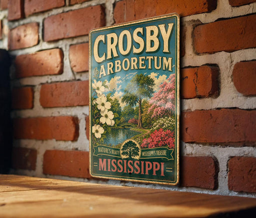 A vintage-style metal sign with the text "CROSBY ARBORETUM" and "MISSISSIPPI" is displayed on a brick wall.