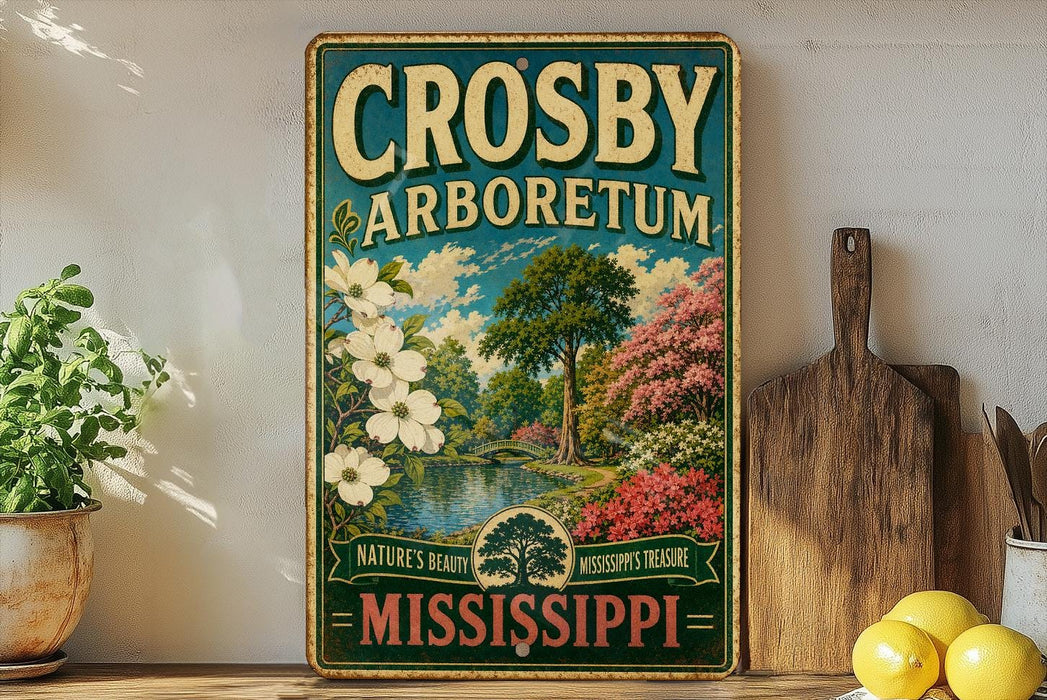 A vintage-style metal sign for the Crosby Arboretum in Mississippi, featuring a scenic landscape with trees, flowers, and a pond.