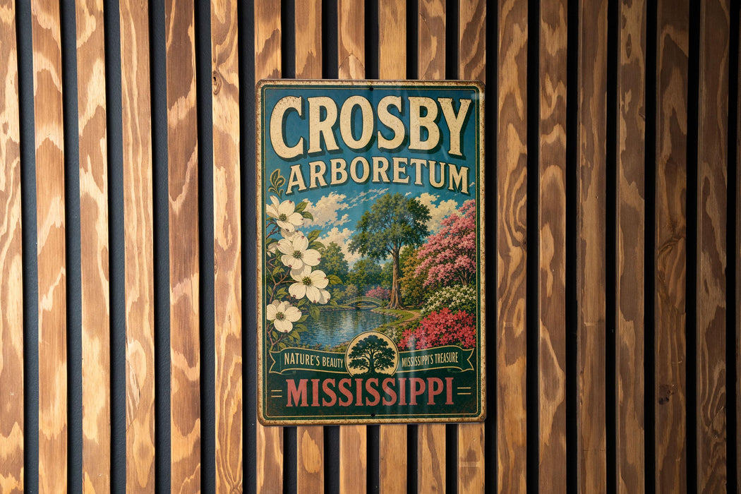 A vintage metal sign for Crosby Arboretum in Mississippi, featuring a scenic landscape with trees, flowers, and a river.