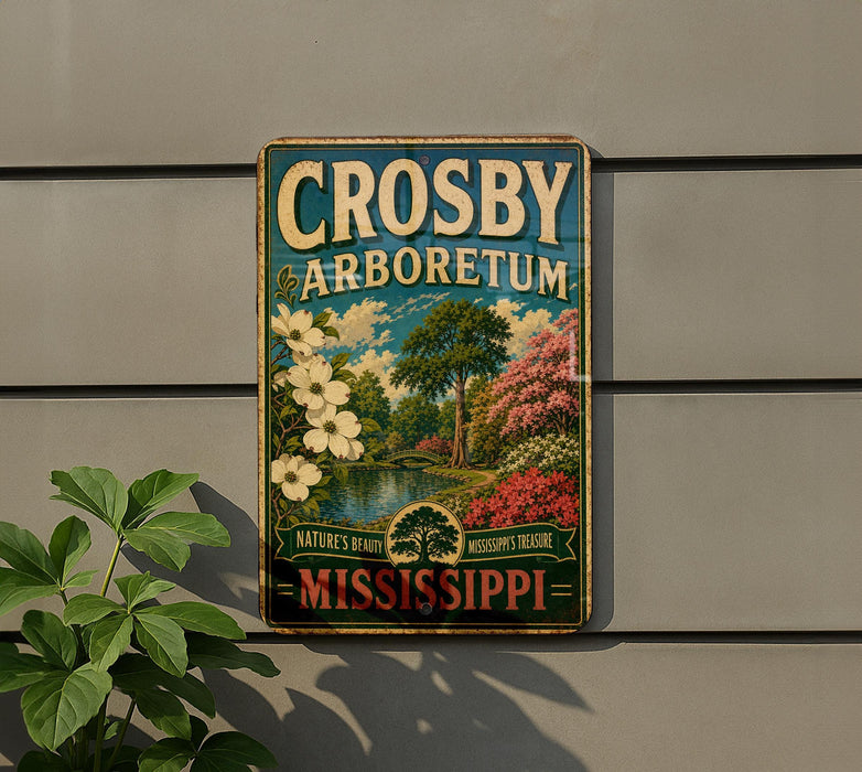 A vintage metal sign for the Crosby Arboretum in Mississippi, featuring a scenic landscape with trees, flowers, and a pond.
