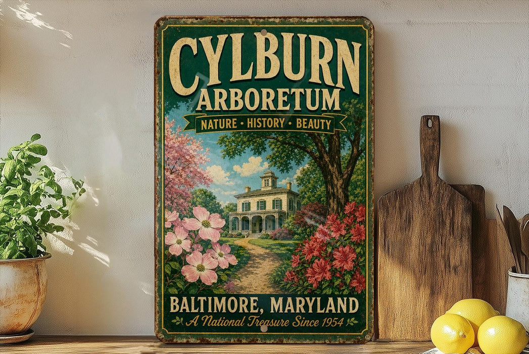 A vintage-style sign for the Baltimore Arboretum, featuring a painting of a house surrounded by flowers and a path leading to it.