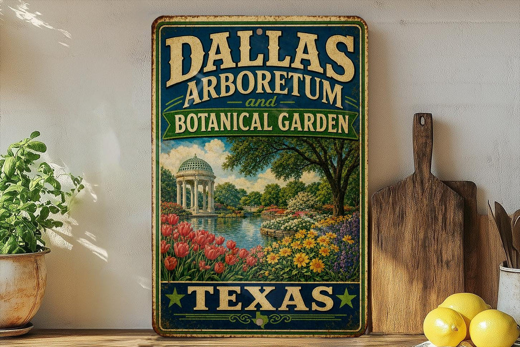 A vintage-style sign for the Dallas Arboretum and Botanical Garden in Texas, featuring a painting of a garden with a fountain and trees.