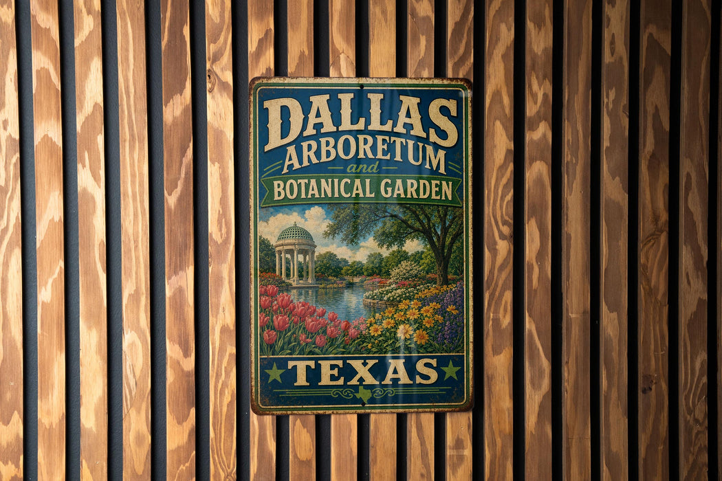 A vintage-style metal sign for the Dallas Arboretum and Botanical Garden in Texas, featuring a scenic landscape with a pond, trees, and flowers.