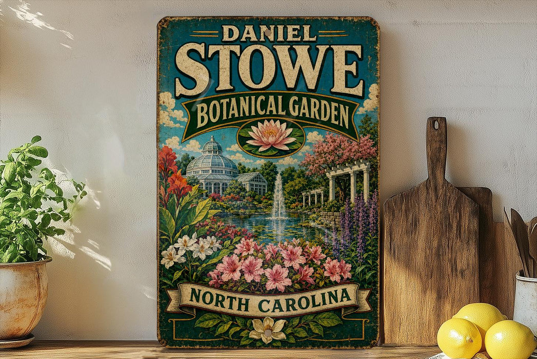 A vintage-style sign for Daniel Stowe Botanical Garden in North Carolina, featuring a garden scene with a fountain and flowers.