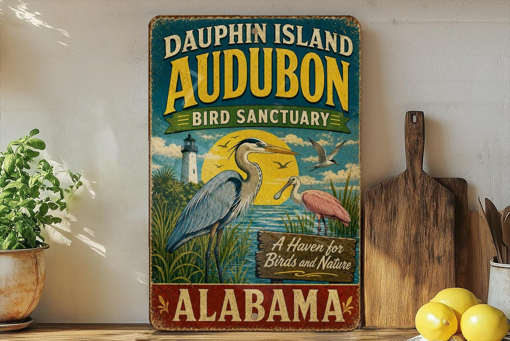 a vintage-style sign for Dauphin Island Audubon Bird Sanctuary in Alabama, with illustrations of birds and a lighthouse.