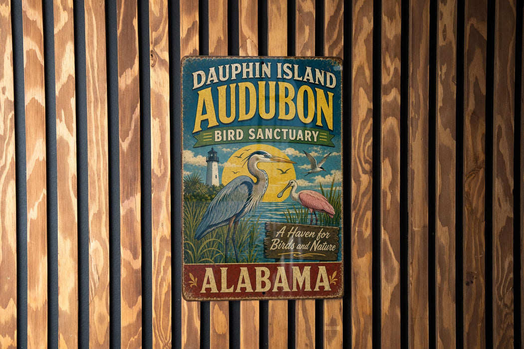 A vintage metal sign for Dauphin Island Audubon Bird Sanctuary in Alabama, featuring a blue heron and a bird in a grassy field.