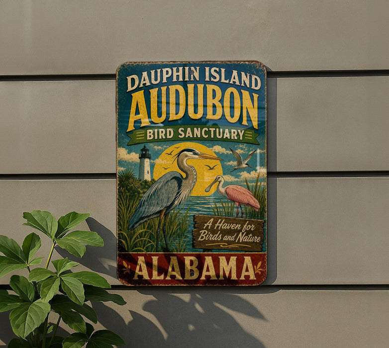 A vintage metal sign for Dauphin Island Audubon Bird Sanctuary in Alabama, featuring illustrations of birds and a lighthouse.