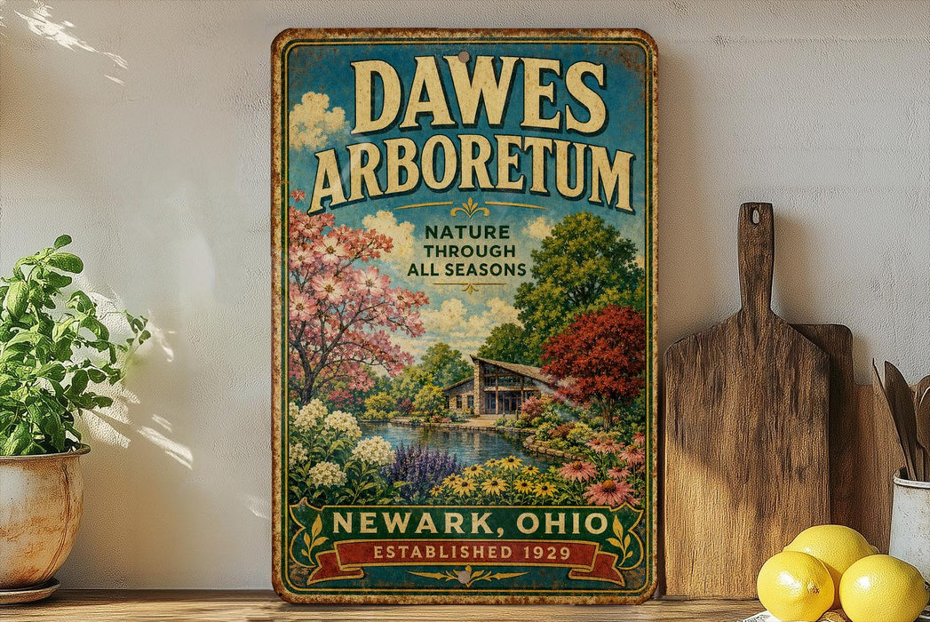 A vintage-style sign for the "DAWES ARBORETUM" nursery in Newark, Ohio, established in 1929. The sign features a scenic illustration of a garden with trees, flowers, and a pond.