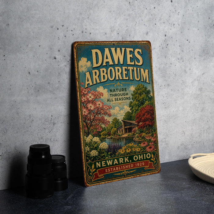 A vintage metal sign for the Dawes Arboretum in Newark, Ohio, featuring a scenic illustration of a garden with trees and flowers.