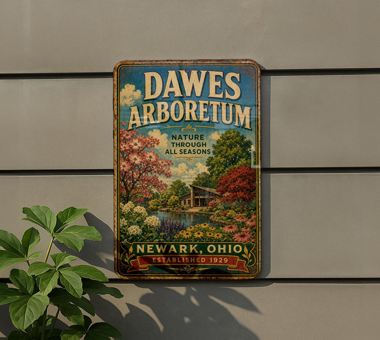A vintage metal sign for the Dawes Arboretum in Newark, Ohio, featuring a scenic landscape with trees, flowers, and a pond.