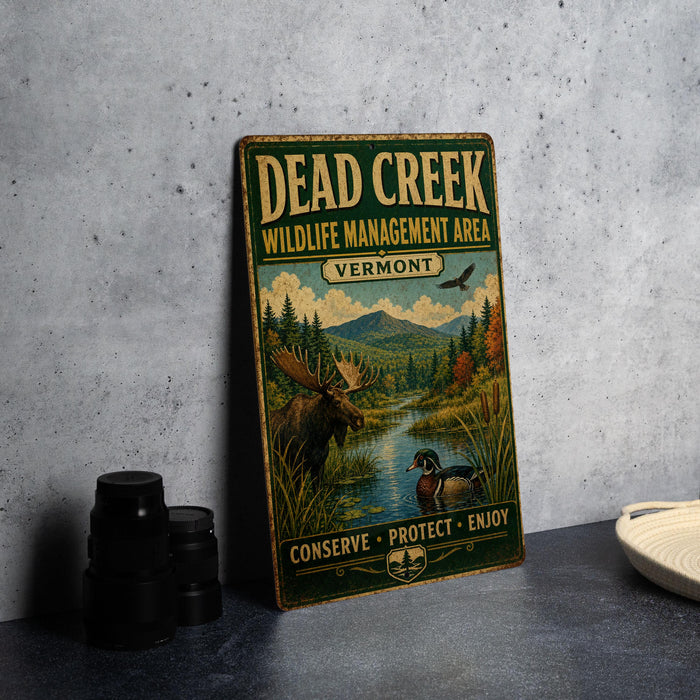 A vintage metal sign for the Dead Creek Wildlife Management Area in Vermont, featuring an illustration of a moose and a bird in a forest setting.