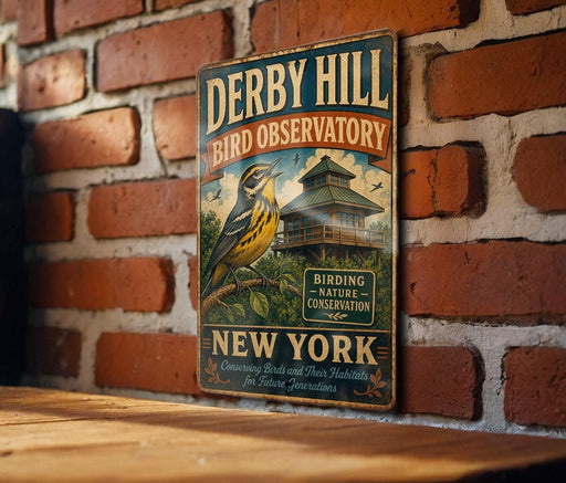 A vintage-style metal sign for the Derby Hill Bird Observatory in New York, featuring a bird illustration and text promoting birdwatching and nature conservation.