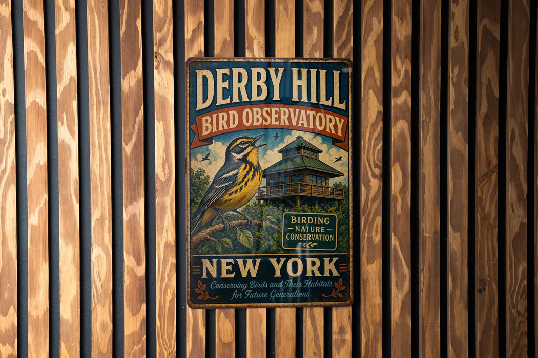 A vintage metal sign for the Derby Hill Bird Observatory in New York, featuring a colorful illustration of a bird and a building.