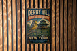 A vintage metal sign for the Derby Hill Bird Observatory in New York, featuring a colorful illustration of a bird and a building.