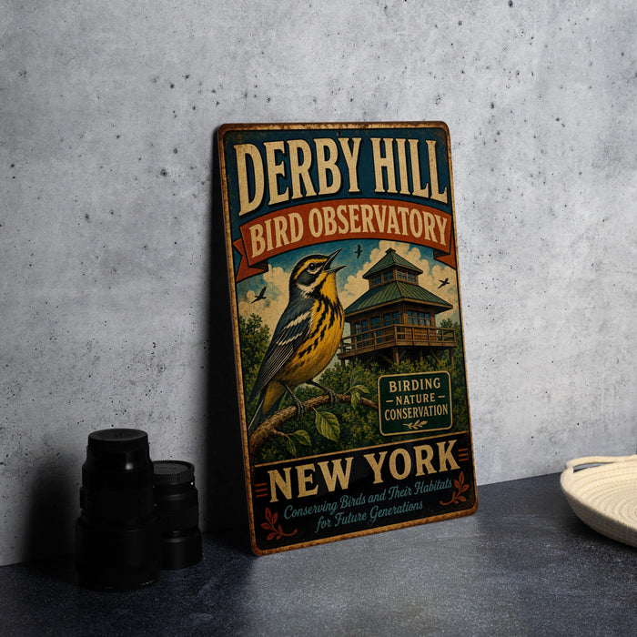 A vintage-style metal sign for the Derby Hill Bird Observatory in New York, featuring a colorful illustration of a bird and a building.