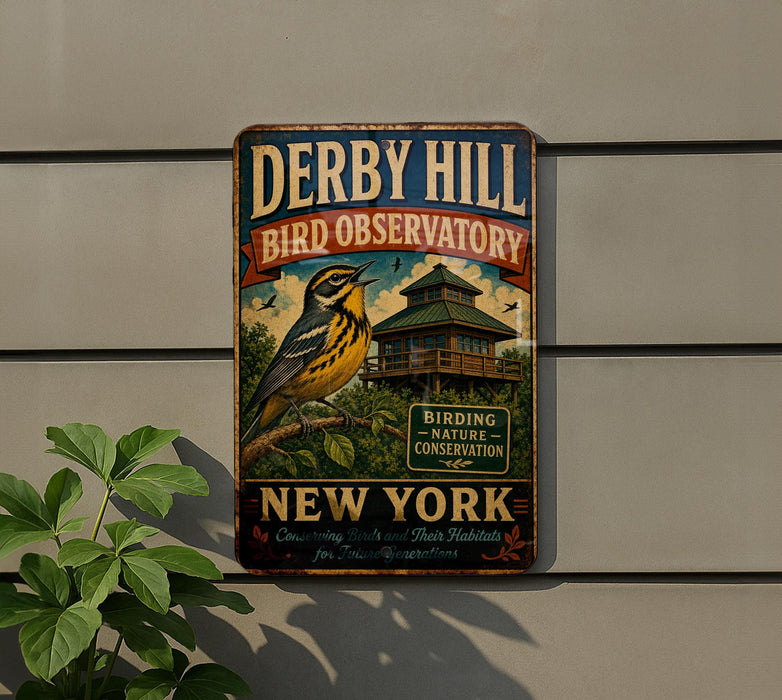 A vintage metal sign for the Derby Hill Bird Observatory in New York, featuring a colorful illustration of a bird and a building.