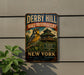 A vintage metal sign for the Derby Hill Bird Observatory in New York, featuring a colorful illustration of a bird and a building.