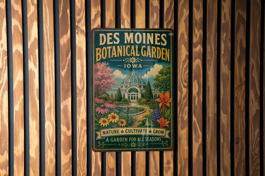 A vintage-style metal sign for the Des Moines Botanical Garden in Iowa, featuring a colorful illustration of the garden's architecture and flowers.