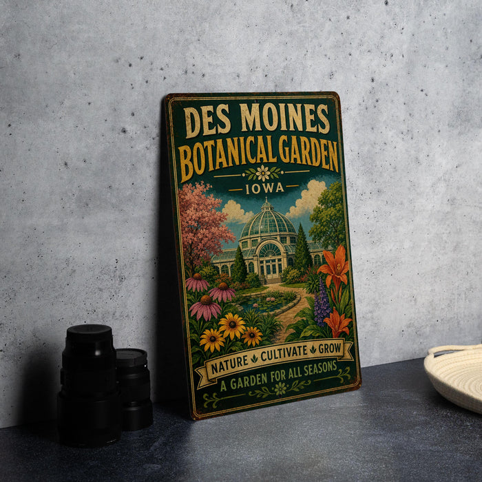 A vintage-style metal sign for the Des Moines Botanical Garden in Iowa, featuring a colorful illustration of the garden and a prominent dome structure.