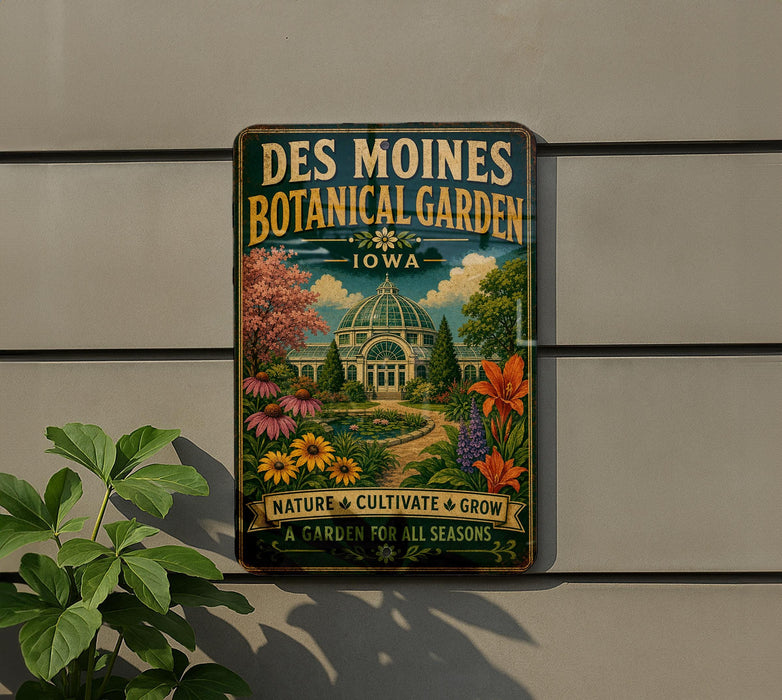 A vintage-style metal sign for the Des Moines Botanical Garden in Iowa, featuring a colorful illustration of a garden with flowers and a building.