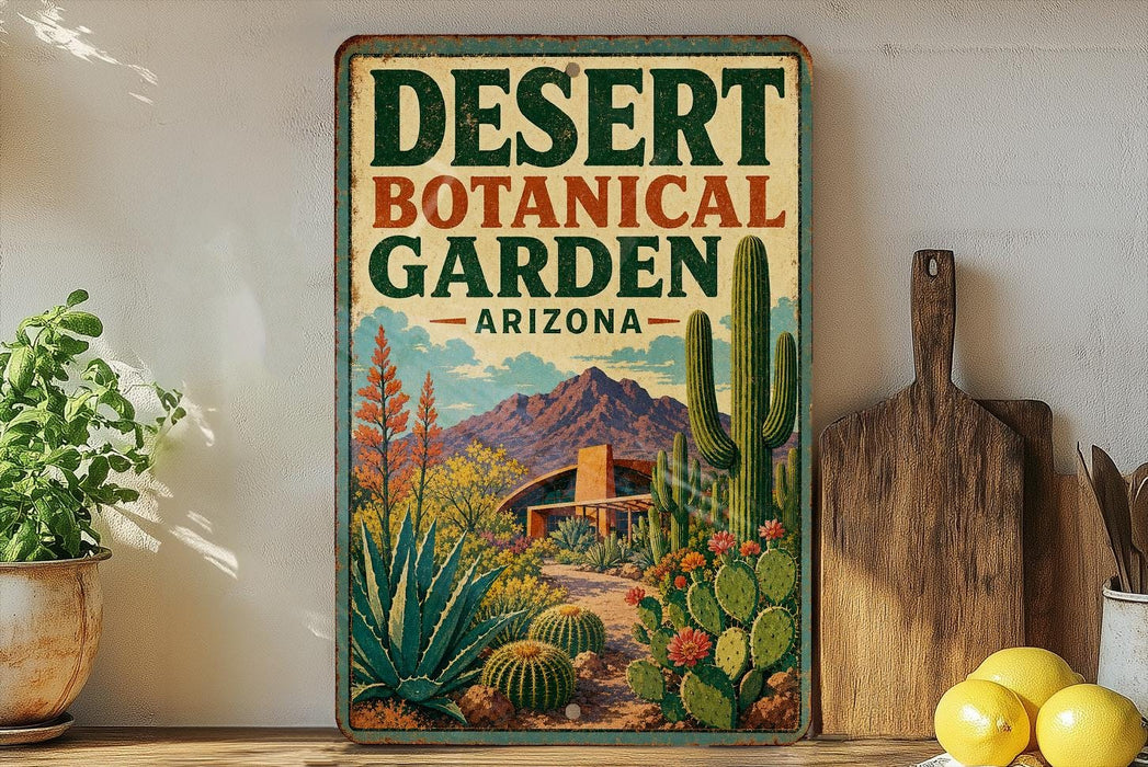 a vintage-style sign for the Desert Botanical Garden in Arizona, with a desert landscape and various desert plants and cacti depicted on the sign.