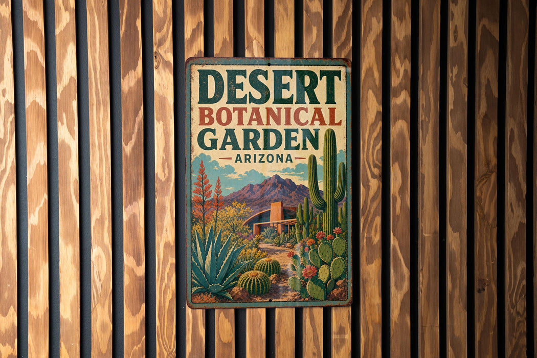 A vintage-style metal sign for the Desert Botanical Garden in Arizona, featuring a desert landscape with cacti, succulents, and a mountain backdrop.