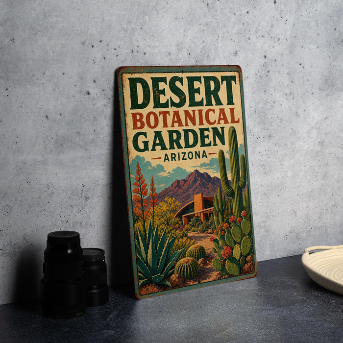 A vintage-style metal sign for the Desert Botanical Garden in Arizona, featuring an illustration of desert plants and a mountain backdrop.