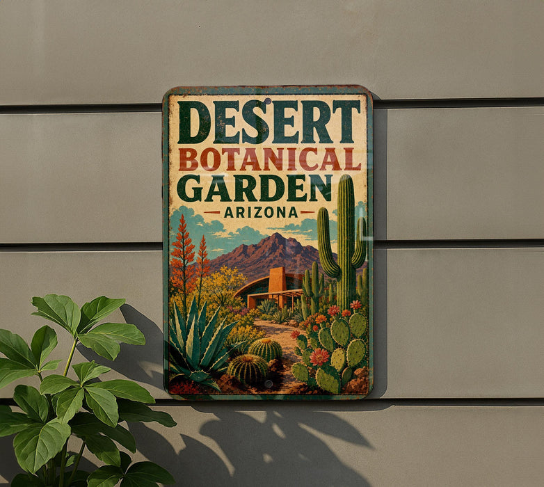 A vintage-style sign for the Desert Botanical Garden in Arizona, featuring a desert landscape with cacti, succulents, and a building in the background.