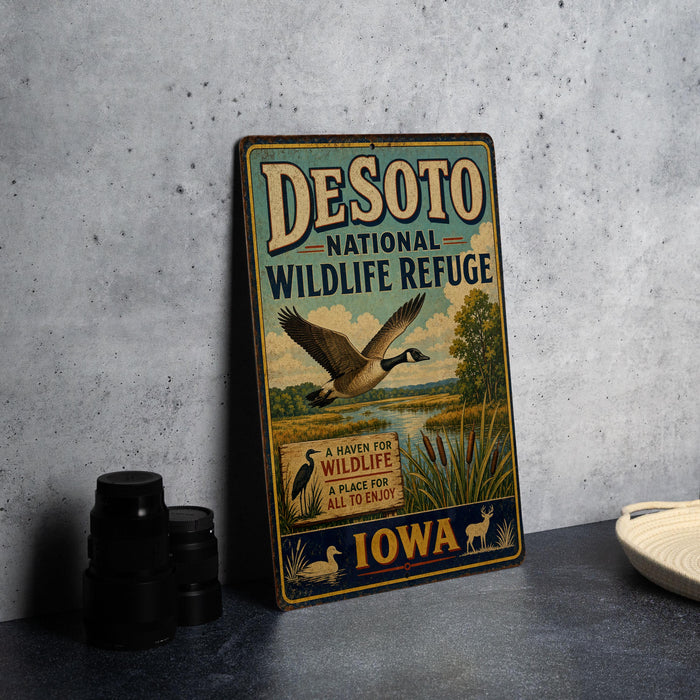 A vintage-style metal sign for Desoto National Wildlife Refuge in Iowa, featuring an illustration of a bird in flight and a scenic landscape.