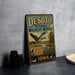A vintage-style metal sign for Desoto National Wildlife Refuge in Iowa, featuring an illustration of a bird in flight and a scenic landscape.