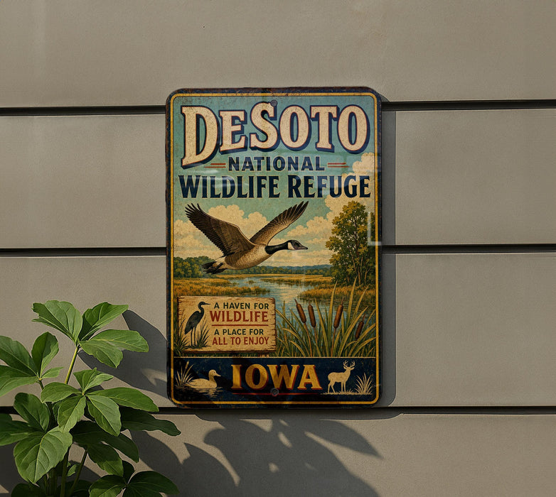 A vintage-style sign for the Desoto National Wildlife Refuge in Iowa, featuring a goose in flight and a sign that says "A Haven for Wildlife All to Enjoy".