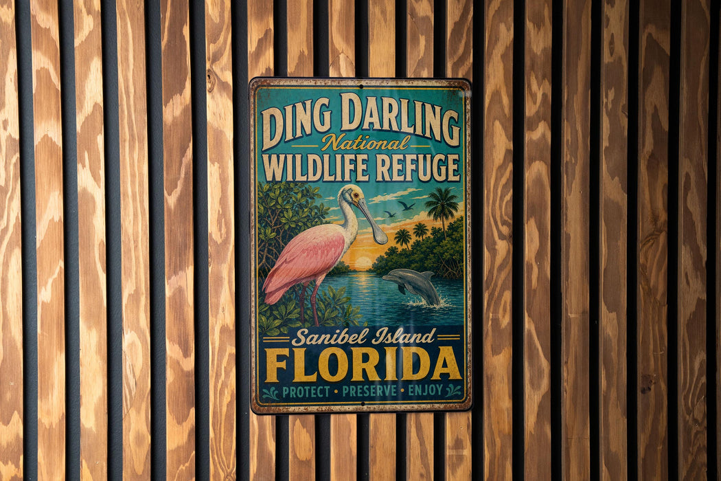 A vintage-style metal sign for Ding Darling National Wildlife Refuge in Sanibel Island, Florida, featuring a pink flamingo and a sunset landscape.