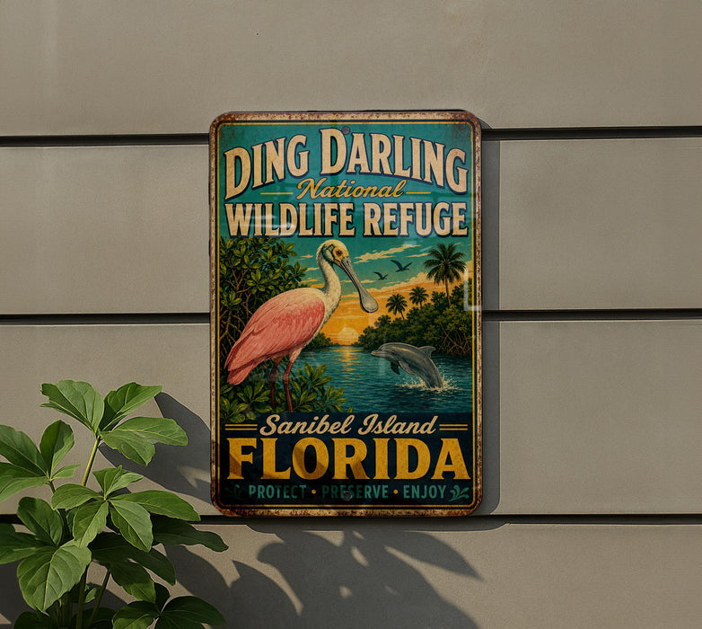 A vintage-style metal sign for the Ding Darling National Wildlife Refuge in Sanibel Island, Florida, featuring a pink egret and a dolphin in a tropical landscape.