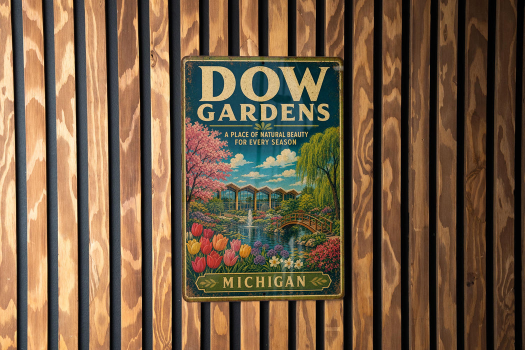 A vintage metal sign for Dow Gardens in Michigan, featuring a colorful illustration of a garden with flowers, trees, and a bridge.