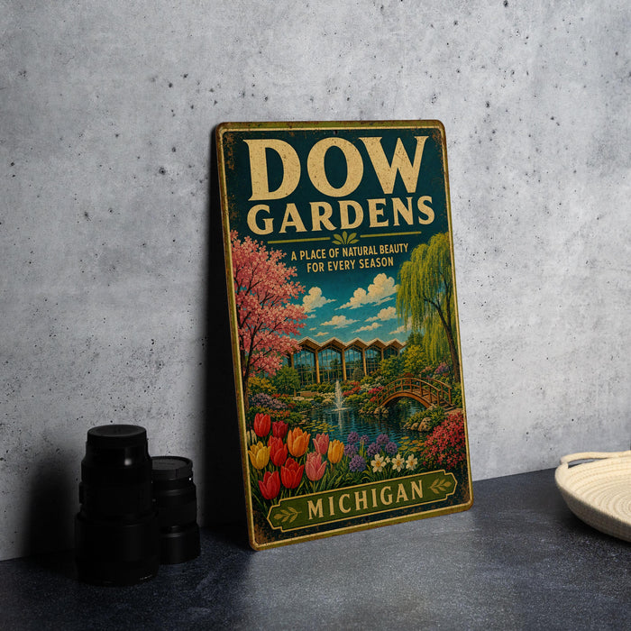 A vintage metal sign for Dow Gardens in Michigan, featuring a colorful illustration of a garden with flowers, trees, and a pond.