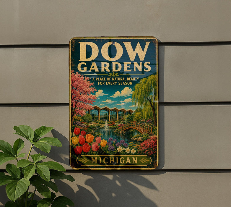 A vintage-style sign for Dow Gardens, a place of natural beauty for every season, is displayed on a wall next to a plant.