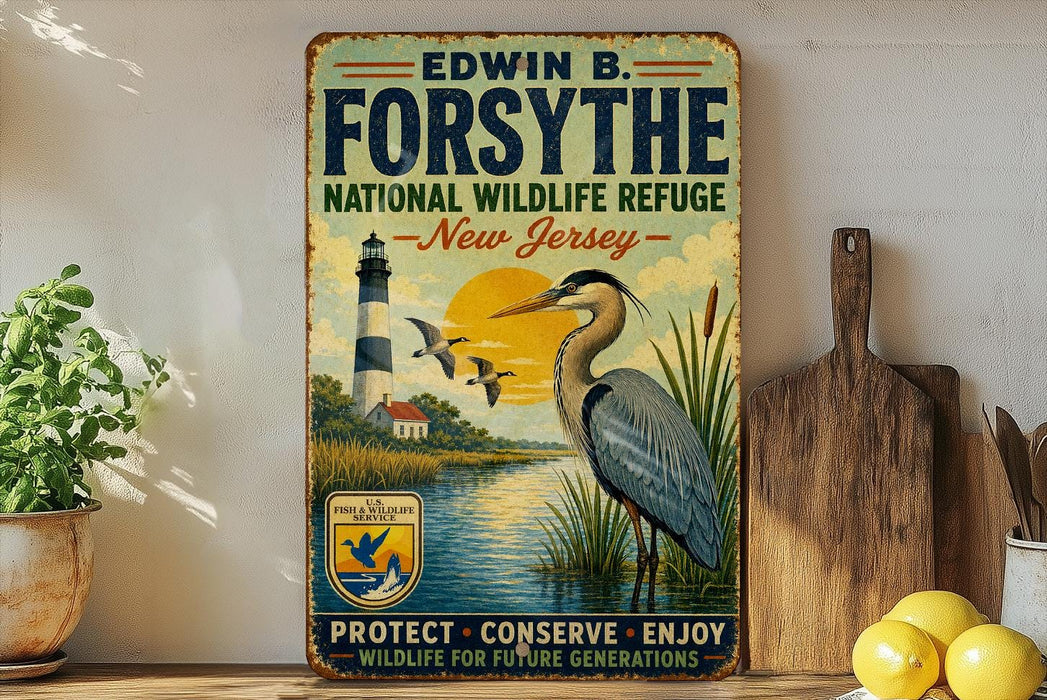 A vintage-style sign for the Forsyth National Wildlife Refuge in New Jersey, featuring a large blue heron and a lighthouse in the background.
