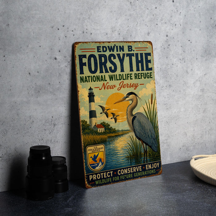 A vintage-style metal sign for the Edwin B. Forsythe National Wildlife Refuge in New Jersey, featuring a lighthouse and a blue heron.