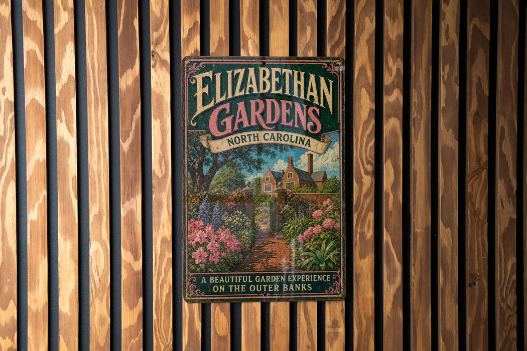 A vintage-style metal sign for Elizabethan Gardens in North Carolina, featuring a garden scene with a path leading through the flowers.