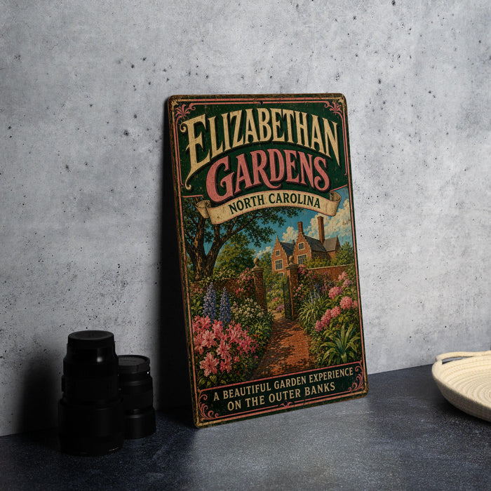 A vintage-style metal sign for Elizabethan Gardens in North Carolina, featuring a garden scene with a path leading to a house surrounded by flowers.