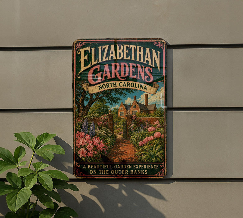 A vintage-style metal sign for Elizabethan Gardens in North Carolina, featuring a garden scene with a brick pathway and colorful flowers.