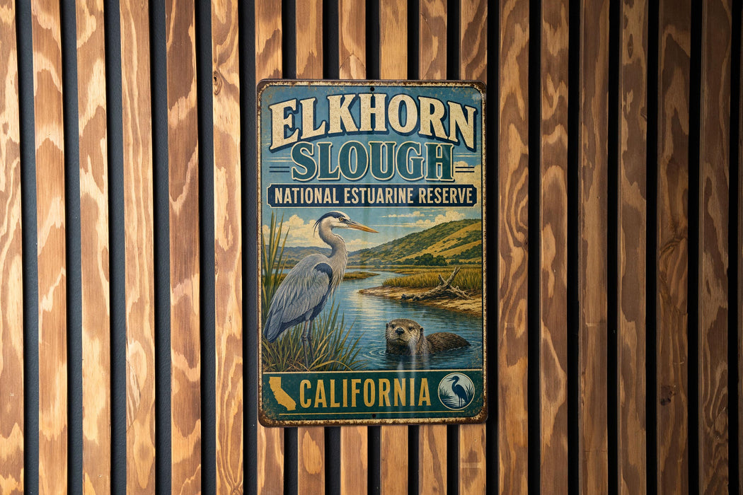 A vintage metal sign for the Elkhorn Slough National Estuarine Reserve in California, featuring a blue heron and a beaver in a tranquil body of water.