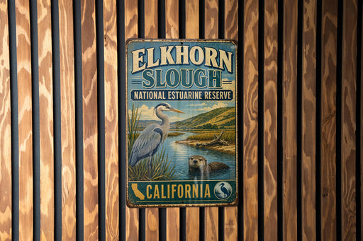 A vintage metal sign for the Elkhorn Slough National Estuarine Reserve in California, featuring a blue heron and a beaver in a tranquil body of water.