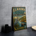 A vintage-style metal sign for the Elkhorn Slough National Estuarine Reserve in California, featuring an illustration of a heron and an otter in a body of water.