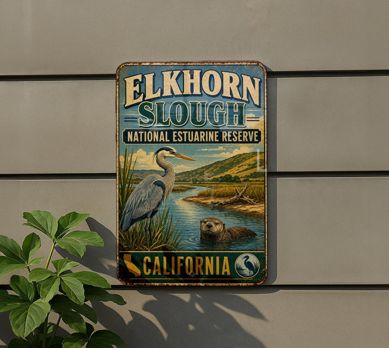 A vintage-style metal sign for the Elkhorn Slough National Estuarine Reserve in California, featuring an illustration of a heron and an otter in the water.